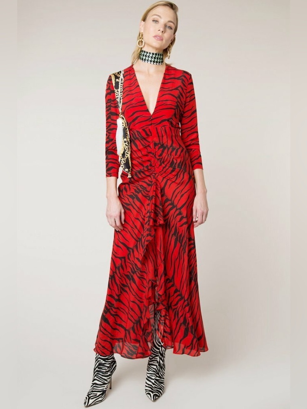RIXO Adriana Animal Print Maxi Ruffle Open Back Dress S